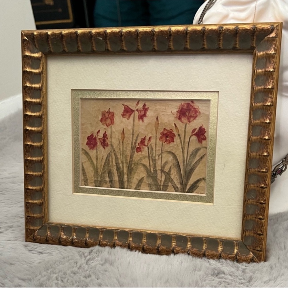 Vintage Cheri Blum Framed Floral Print 7/8 “Row of Red Amaryllis”